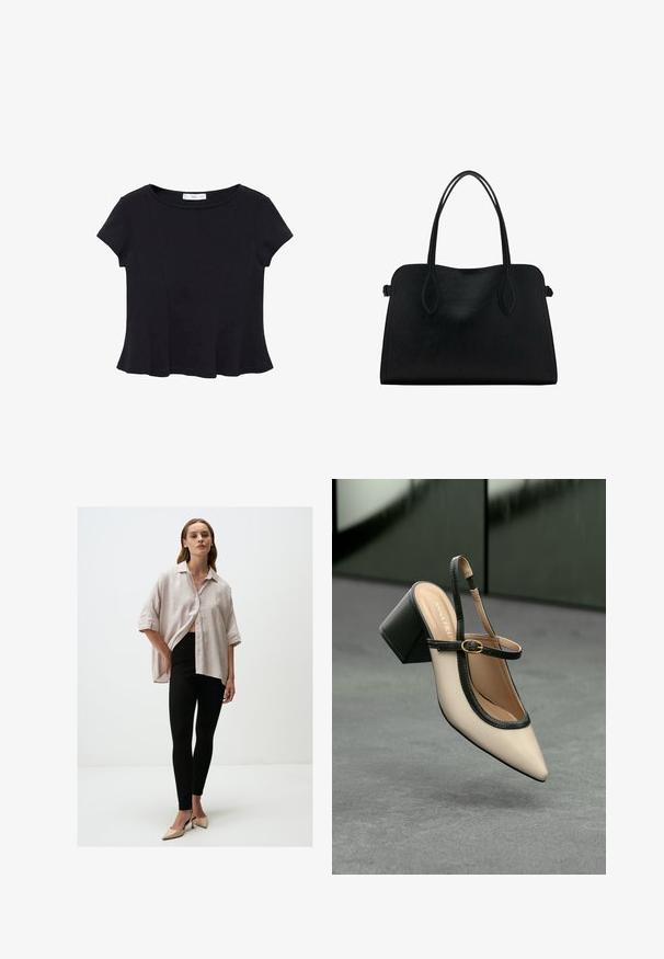 Haut noir à manches courtes en tissu doux, avec un col rond et un ourlet évasé présentant des détails de couture subtils.; Chemise oversize rose clair à manches courtes, avec fermeture boutonnée, associée à un legging noir et des chaussures à talons nude. Textures simples et lisses.; Escarpin beige à bout pointu et bride arrière, avec des finitions noires, une boucle dorée et un talon bloc épais, posé sur un sol gris avec un fond vert foncé.; Sac à main en cuir noir avec deux anses, de forme rectangulaire et au design minimaliste sur un fond blanc.