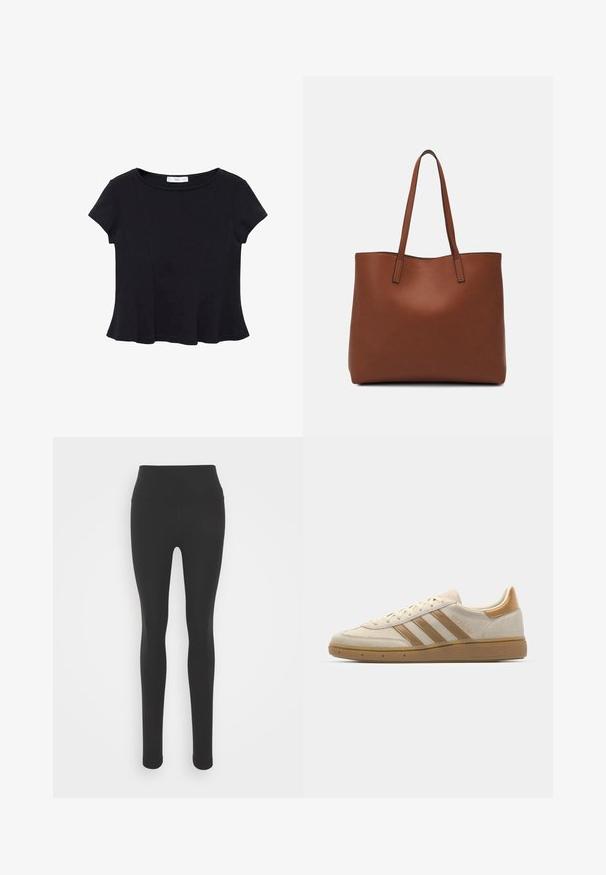 Crni kratki rukav majica od mekog materijala, s okruglim izrezom i raširenim rubom s suptilnim detaljima šavova.; Crne tajice s visokim strukom, izrađene od glatkog, rastezljivog materijala. Imaju prilagodljiv dizajn i pune nogavice.; Bež nubuk tenisice s svijetlosmeškastim akcentima. Ima tri smeđe pruge, teksturiranu gumenu potplat i dizajn sa zaobljenim prstom.; Smeđa kožna torba preko ramena s glatkom teksturom, otvorenim vrhom i dvjema naramenicama. Ima minimalne šavove i nema vidljivog hardvera.