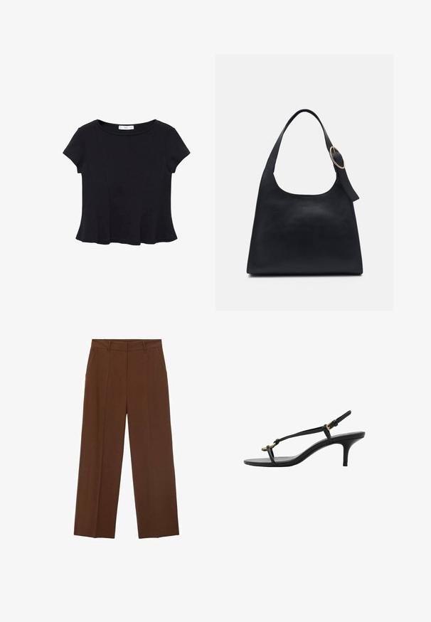Černý tričko s krátkým rukávem vyrobené z měkké tkaniny, s kulatým výstřihem a rozšířeným lemem s jemným švem.; Hnědé široké kalhoty vyrobené z hladkého materiálu s vysokým pasem, které mají přední kapsy a úhledný záhyb na přední straně.; Černé kožené sandály na kotníkovém podpatku s tenkými pásky, zlatou sponou a minimalistickým provlečením na prstech na bílém pozadí.; Černá kožená taška přes rameno s hladkým povrchem, zaobleným tělem a jedním ramenním popruhem s kulatým zlatým kováním.; Stříbrné kapkové náušnice se čtvercovou například, s hladkým, lesklým povrchem a kapkovým tvarem, odrážející světlo lesklým povrchem.