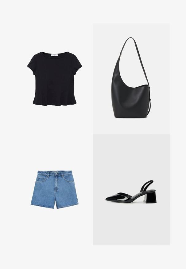 Top scurt din material moale, de culoare neagră, cu decolteu rotund și tiv evazat, având detalii discrete de cusătură.; Șorturi din denim de culoare albastru deschis, cu talie înaltă, design cu cinci buzunare și închidere cu buton. Croi drept cu o margine curată.; Pantofi cu toc slingback din piele lacuită neagră, cu vârf ascuțit și toc geometric. Prezintă un design elegant, minimalist și o textură netedă.; Geantă hobo din piele neagră, cu o textură netedă, formă curbată și un singur bretele ajustabil; are o deschidere largă în partea de sus.