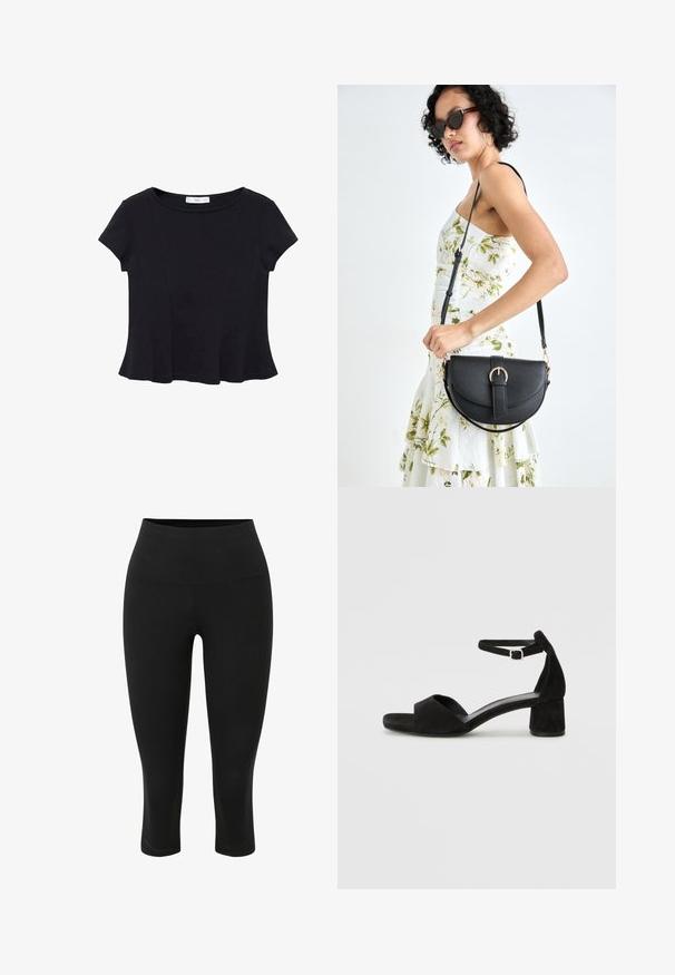 Černý tričko s krátkým rukávem vyrobené z měkké tkaniny, s kulatým výstřihem a rozšířeným lemem s jemným švem.; Černé capri legíny vyrobené z hladkého, elastického materiálu. Mají vysoký pas a přiléhavý střih, vhodné pro aktivní nošení.; Černé sametové sandály na podpatku s tenkým řemínkem kolem kotníku, otevřenou špičkou a skromným blokovým podpatkem. Hladká textura a minimální akcenty.; Černá kožená kabelka s křivkovým tvarem, odnímatelným popruhem a zlatými detaily. Kabelka má klopu s přezkou.
