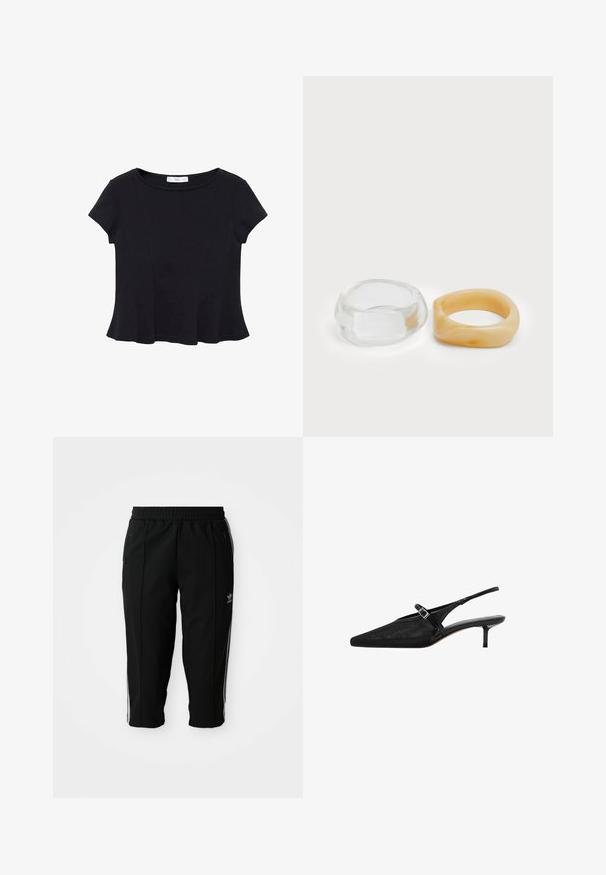 Top scurt din material moale, de culoare neagră, cu decolteu rotund și tiv evazat, având detalii discrete de cusătură.; Pantaloni sportivi negri cu talie elastică, buzunare laterale cu fermoar și dungi albe de accent de-a lungul cusăturilor. Fabricat dintr-un material neted și durabil.; Cumpăna negre cu vârf ascuțit, superior din plasă texturată, curea subțire ajustabilă cu cataramă argintie și toc stiletto de 5 cm.; Inele din rășină clară și chihlimbar, unul neted și transparent, iar celălalt cu o finisare texturată, de chihlimbar. Ambele au un design rotund și suculent.