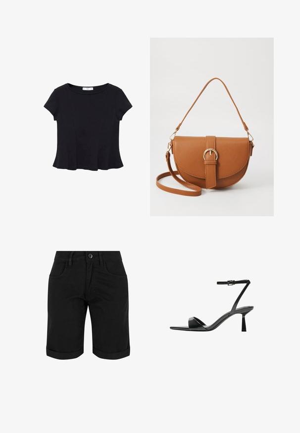 Schwarzes kurzärmeliges Top aus weichem Stoff, mit rundem Ausschnitt und ausgestelltem Saum mit dezenten Nahtdetails.; Schwarze Baumwollshorts mit Knopfverschluss, aufgerollten Säumen, zwei Fronttaschen und glatter Textur.; Bershka High Heel Sandalette - black; Braune Leder-Crossbody-Tasche mit geschwungener Form, goldfarbenen Beschlägen und einer Schnallenakzentuierung. Verfügt über einen abnehmbaren Schultergurt.