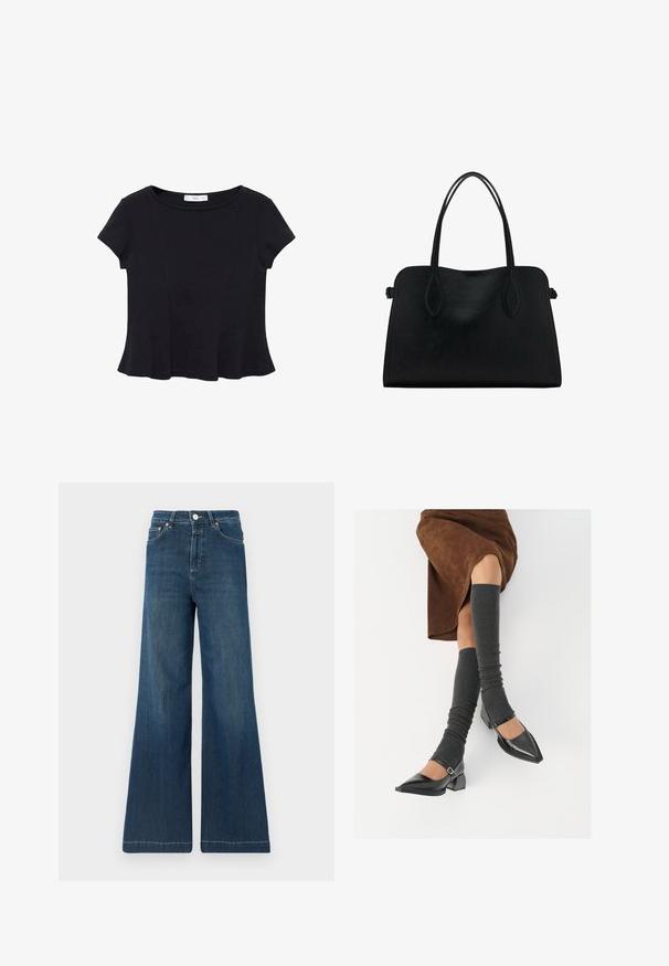 Schwarzes kurzärmeliges Top aus weichem Stoff, mit rundem Ausschnitt und ausgestelltem Saum mit dezenten Nahtdetails.; Weit geschnittene Jeans aus dunkelblauem Denim, mit hoher Taille, kupferfarbenen Details und subtilen Verwaschungen. Sauberer Saum ohne zusätzliche Muster.; Schwarze lacklederne spitze Schuhe mit Blockabsatz und Knöchelriemen, kombiniert mit grauen gerippten Beinstulpen und einem braunen Wildlederrock.; Schwarze Lederhandtasche mit zwei Schulterriemen, rechteckiger Form und minimalistischem Design auf weißem Hintergrund.