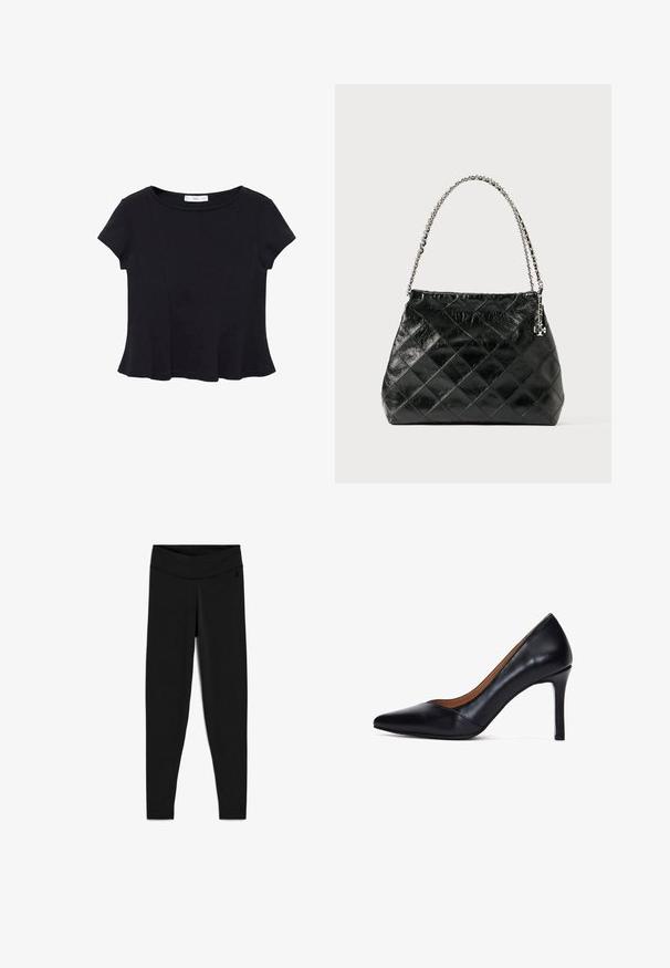 Zwarte korte mouwen top van zacht materiaal, met een ronde halslijn en een uitlopende onderkant met subtiele naaddetail. ; Zwarte leggings gemaakt van rekbare stof. Voorzien van een hoge tailleband en minimale stiksels. Glad oppervlak zonder zichtbare patronen of accenten.; Zwarte leren hoge hakpump met een spitse neus en een gladde textuur. Heeft een slanke hak en minimale detailing voor een strakke uitstraling.; Zwarte gewatteerde leren handtas met een zilveren kettinghengsel, met een gestructureerd ontwerp en een gladde textuur.
