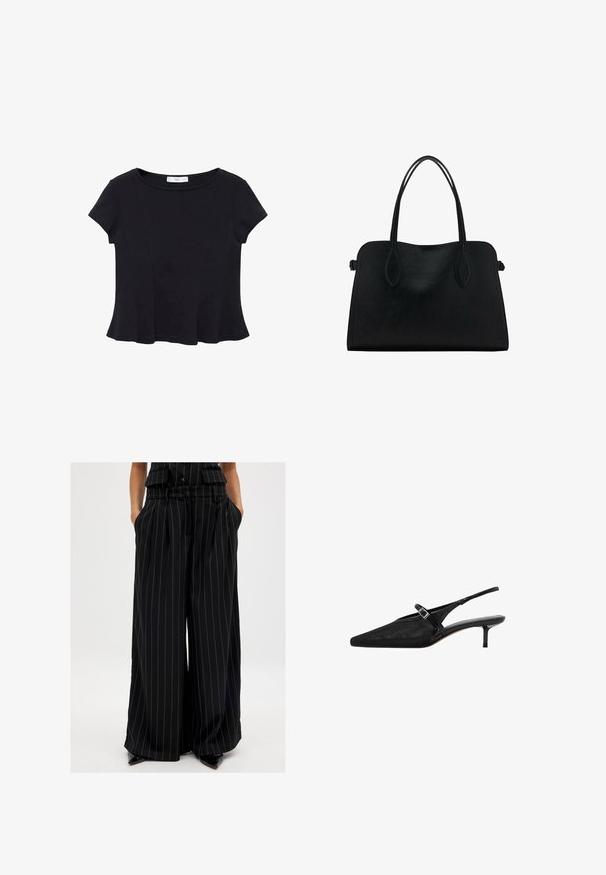 Black short-sleeve top made of soft fabric, featuring a rounded neckline and a flared hem with subtle seam detailing.; Black wide-leg trousers made from a smooth fabric with vertical pinstripes. Features a belted waist and side pockets.; Black slingback heels with pointed toes, textured mesh upper, slim adjustable strap with silver buckle, and 5 cm stiletto heels.; Black leather handbag with dual shoulder straps, rectangular shape, and minimalistic design on a white background.