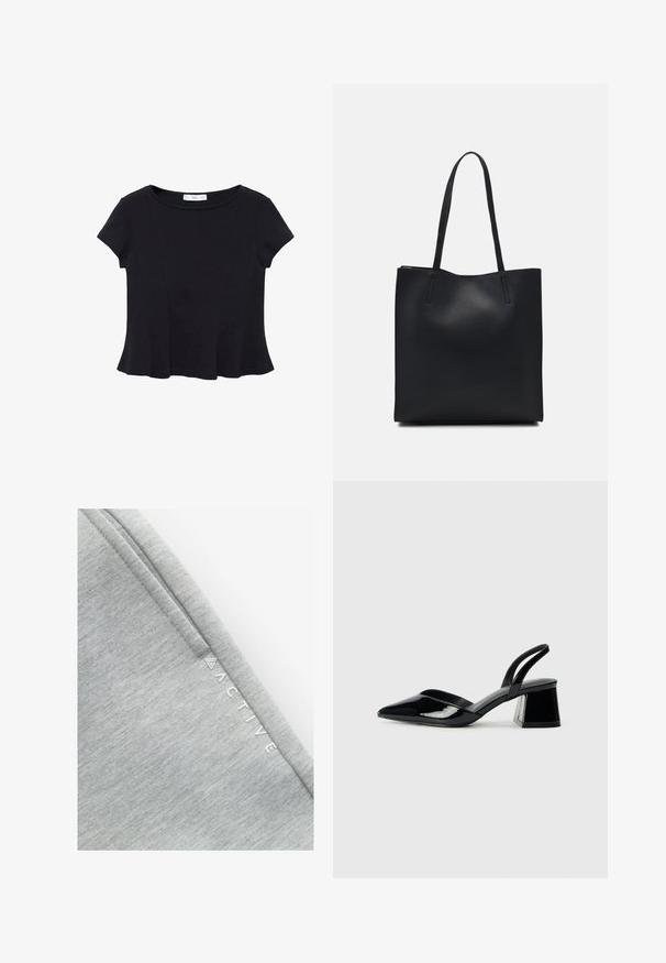 Top scurt din material moale, de culoare neagră, cu decolteu rotund și tiv evazat, având detalii discrete de cusătură.; Material de îmbrăcăminte sport gri, cu o suprafață netedă și texturată, având un model subtil marmorat. Cuvântul "ACTIVE" este imprimat în alb pe lateral.; Pantofi cu toc slingback din piele lacuită neagră, cu vârf ascuțit și toc geometric. Prezintă un design elegant, minimalist și o textură netedă.; Geantă tote neagră din piele, cu textură netedă, formă rectangulară și două mânere lungi. Fără hardware vizibil sau ornamente.
