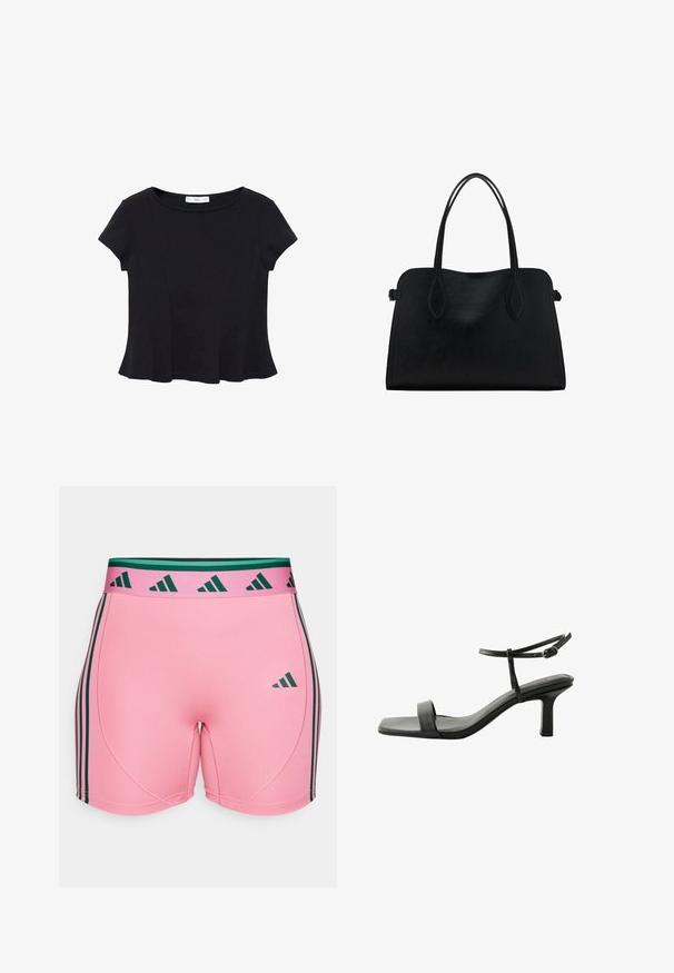 Schwarzes kurzärmeliges Top aus weichem Stoff, mit rundem Ausschnitt und ausgestelltem Saum mit dezenten Nahtdetails.; Rosa Sportshorts aus einem dehnbaren, glatten Material, mit grünen und schwarzen vertikalen Streifen an den Seiten und einem passenden Bund.; Next FOREVER COMFORT SIMPLE REGULAR FIT - Riemensandalette - black; Schwarze Lederhandtasche mit zwei Schulterriemen, rechteckiger Form und minimalistischem Design auf weißem Hintergrund.