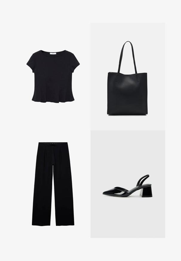 Black short-sleeve top made of soft fabric, featuring a rounded neckline and a flared hem with subtle seam detailing.; Black wide-leg trousers featuring a smooth texture, two front pleats, and an elastic waistband for comfort. No visible hardware or patterns.; Black patent leather slingback heels with a pointed toe and a geometric block heel. Features a sleek, minimal design and smooth texture.; Black leather tote bag with smooth texture, rectangular shape, and two long handles. No visible hardware or embellishments.