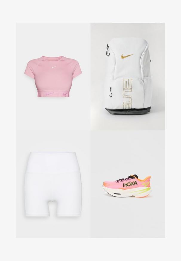 Lyhyt vaaleanpunainen crop-top, jossa on lyhyet hihat, ribbaus helmassa ja valkoinen Nike-logo rinnassa. Pehmeä kangas, joka on sovitettu muotoon.; Valkoiset korkeavyötäröiset shortsit, jotka on valmistettu joustavasta kankaasta. Ominaisuuksiin kuuluu sileä pinta ja tiukka muotoilu, ilman lisäkuvioita tai varusteita.; Vaaleanpunaiset juoksukengät, joissa on verkkomateriaalia, mustat nauhat ja näkyvä "HOKA"-logo. Ominaisuuksiin kuuluu pehmustettu valkoinen pohja, jossa on oransseja ja vihreitä yksityiskohtia.; Valkoinen Nike-reppu, jossa on kultainen logo ja "ELITE"-teksti, vetoketjukiinnitykset, verkkokylkipussit ja musta pohja. Sileä rakenne.