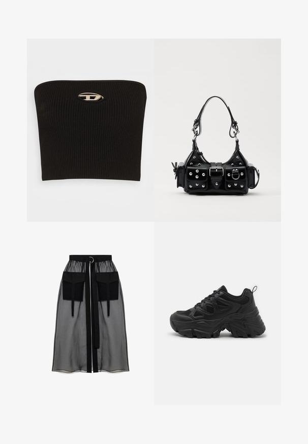 Melna ribota bezpiedurkņu topiņa ar izteiktu ovālu sudraba logo detaļu centrā. Gluda tekstūra un pieguļoša konstrukcija.; Melnā caurspīdīgā svārka ar salikto jostasvietu, kas ietver divas lielas priekšējās kabatas, jostas saitīti un apaļu metāla akcentu.; Melni sporta apavi ar teksturētu sietu augšdaļu, izliekta gumijas zole un izteikta profila raksts. Iekļautas integrētas šņorēšanas sistēmas un cilpa.; Melnas ādas rokturmais ar izliekumu, ar sudraba iedurtiem, sprādzi un divām sānu kabatām. Regulējams siksniņas garums dažādām nēsāšanas iespējām.