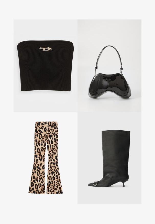 Top noir à bretelles strapless en ribbed avec un détail logo ovale en argent distinctif au centre. Texture lisse et design ajusté.; Pantalons évasés imprimés léopard avec une texture côtelée, de couleur beige et noire, présentant des motifs de taches variés sur l'ensemble du tissu.; Bottines en cuir noir à bout pointu, petite talon et détail métallique sur le bout. Texture lisse et mate partout.; Sac à main en cuir verni noir avec une forme incurvée unique, une anse courte et ajustable, et une fermeture zippée. Texture lisse avec un branding discret.
