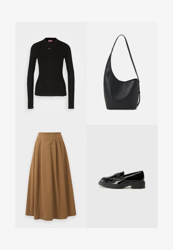Black long-sleeve top made of ribbed fabric, featuring a round neck and a small red Diesel logo stitched on the chest.; Brown cotton A-line skirt with a high waist, featuring pleats down the front and a smooth texture. Hem finishes are clean and simple.; Black patent leather loafers with a thick black rubber sole, featuring a stitched vamp and smooth, shiny surface.; Black leather hobo bag with a smooth texture, curved shape, and single adjustable strap; features a wide opening at the top.