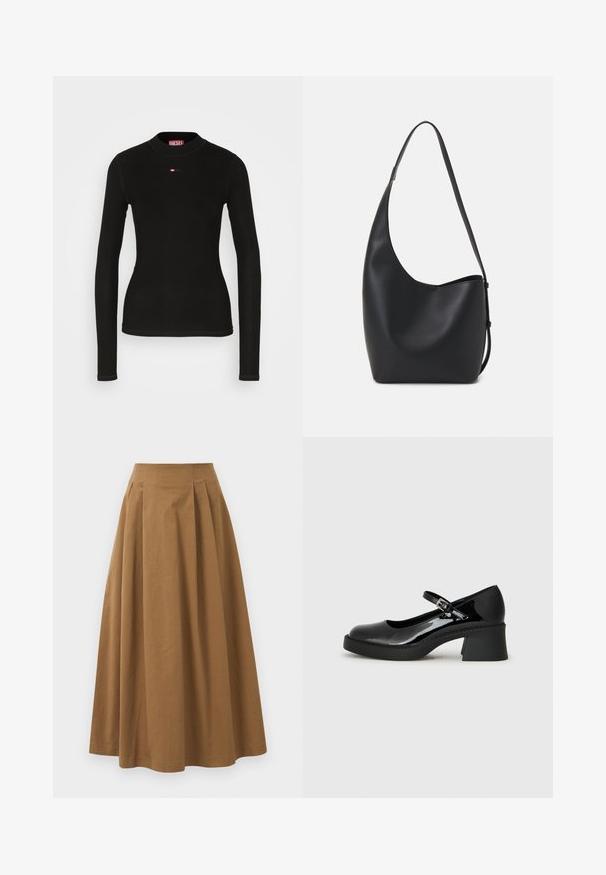 Čierny dlhý rukáv top vyrobený z rebrovanej tkaniny, s okrúhlym výstrihom a malým červeným logom Diesel vyšitým na hrudi.; Hnedá bavlnená sukňa A-línie s vysokým pásom, so skladmi vpredu a hladkou textúrou. Hranice sú čisté a jednoduché.; Čierne lakované kožené topánky Mary Jane s oválnym špičkou, nastaviteľným pásikom a robustným štvorcovým podpätkom. Obsahujú štruktúrovanú podrážku.; Čierna kožená hobo taška so hladkou textúrou, zakriveným tvarom a jedným nastaviteľným popruhom; má široké otvorenie na vrchu.