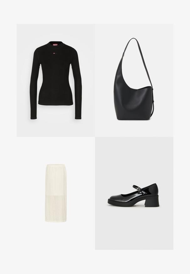 Černý dlouhý rukávový top vyrobený z žebrované tkaniny, s kulatým výstřihem a malým červeným logem Diesel vyšitým na hrudi.; Bílá midi sukni s texturovaným krajkovým vzorem, mírně elastickým pasem a rovnými liniemi. Lehká a vzdušná tkanina.; Černé lakované Mary Jane boty s kulatou špičkou, nastavitelným páskem a robustním čtvercovým podpatkem. Mají texturovanou podrážku.; Černá kožená hobo taška s hladkým povrchem, zakřiveným tvarem a jedním nastavitelným popruhem; má široké otevírání nahoře.