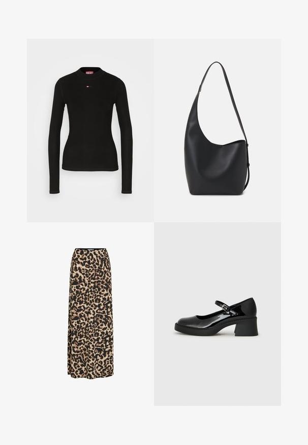 Top negro de manga larga confeccionado en tejido de canalé, con cuello redondo y un pequeño logo rojo de Diesel bordado en el pecho.; VILA LEOA HIGH WAIST - Falda larga - black; Zapato Mary Jane de charol negro con punta redondeada, correa ajustable y tacón cuadrado grueso. Presenta una suela texturizada.; Bolso tipo hobo de cuero negro con una textura suave, forma curvada y una sola correa ajustable; presenta una amplia apertura en la parte superior.