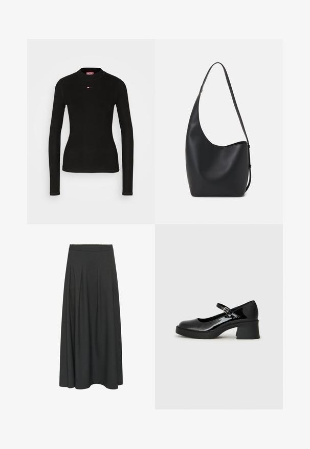 Schwarzes Langarmshirt aus geripptem Stoff, mit Rundhalsausschnitt und einem kleinen roten Diesel-Logo auf der Brust.; Langer, dunkelgrauer A-Linien-Rock mit einem taillierten Bund und dezenten Falten, die vom Bund bis zum Saum verlaufen.; Schwarze Lackleder-Mary-Jane-Schuhe mit runder Zehenform, verstellbarem Riemen und klobigem quadratischen Absatz. Mit strukturiertem Sohlenprofil.; Schwarze Leder-Hobo-Tasche mit einer glatten Textur, geschwungener Form und einem einzelnen verstellbaren Tragegurt; verfügt über eine weite Öffnung am oberen Ende.