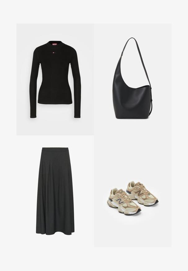 Schwarzes Langarmshirt aus geripptem Stoff, mit Rundhalsausschnitt und einem kleinen roten Diesel-Logo auf der Brust.; Langer, dunkelgrauer A-Linien-Rock mit einem taillierten Bund und dezenten Falten, die vom Bund bis zum Saum verlaufen.; Beige Sneaker aus Mesh- und Wildledermaterialien. Mit einem schwarzen Logo und strukturierten Akzenten. Dicke weiße Zwischensohle und schwarze Gummisohle.; Schwarze Leder-Hobo-Tasche mit einer glatten Textur, geschwungener Form und einem einzelnen verstellbaren Tragegurt; verfügt über eine weite Öffnung am oberen Ende.