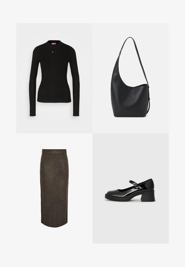 T-shirt noir à manches longues en tissu à côtes, avec un col rond et un petit logo Diesel rouge brodé sur la poitrine.; Pieces Jupe longue - morel; Chaussure Mary Jane en cuir verni noir avec un embout arrondi, une sangle réglable et un talon carré épais. Présente une semelle texturée.; Sac hobo en cuir noir avec une texture lisse, une forme incurvée et une seule sangle réglable ; dispose d'une large ouverture en haut.