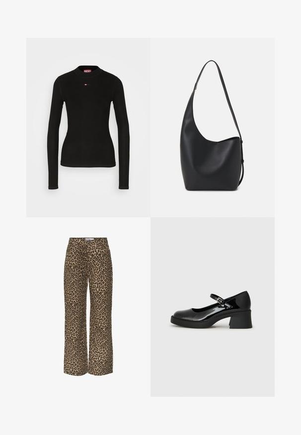 Čierny dlhý rukáv top vyrobený z rebrovanej tkaniny, s okrúhlym výstrihom a malým červeným logom Diesel vyšitým na hrudi.; Klasické nohavice s širokými nohavicami v leopardom vzore v béžovo-čiernej farebnej kombinácii, s klasickým pásom a voľným, neformálnym strihom.; Čierne lakované kožené topánky Mary Jane s oválnym špičkou, nastaviteľným pásikom a robustným štvorcovým podpätkom. Obsahujú štruktúrovanú podrážku.; Čierna kožená hobo taška so hladkou textúrou, zakriveným tvarom a jedným nastaviteľným popruhom; má široké otvorenie na vrchu.
