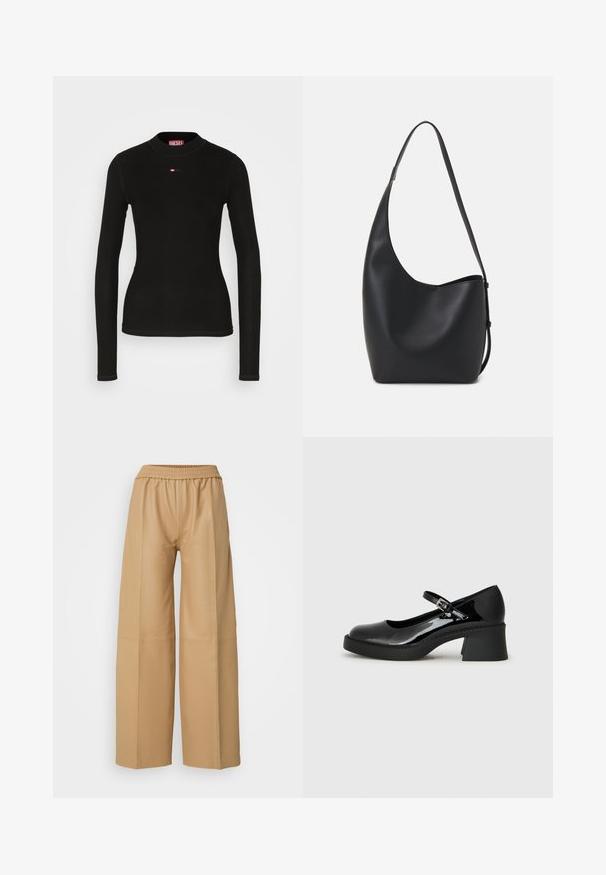 Czarny długi rękaw bluzka z żeberkowanej tkaniny, z okrągłym dekoltem i małym czerwonym logo Diesel wyszytym na klatce piersiowej.; Beżowe spodnie wide-leg z sztucznej skóry z elastycznym pasem i pionowymi szwami, charakteryzujące się gładką, matową fakturą.; Czarne lakierowane buty Mary Jane z okrągłym noskiem, regulowanym paskiem i masywnym kwadratowym obcasem. Posiadają teksturowaną podeszwę.; Czarna skórzana torba hobo o gładkiej fakturze, zaokrąglonym kształcie i pojedynczym, regulowanym pasku; posiada szerokie otwarcie na górze.