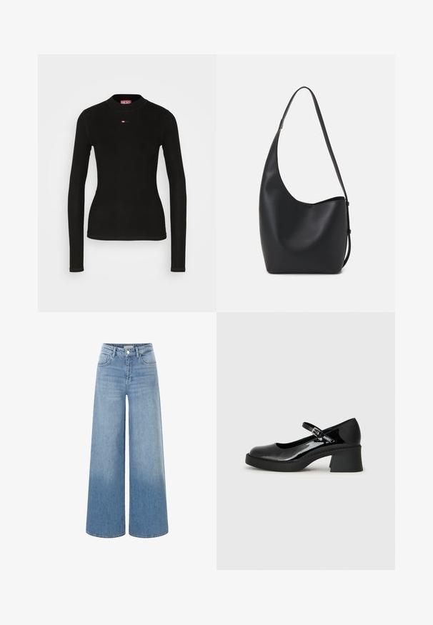 Must pikkade varrukatega topp, mis on valmistatud ribatud kangast, ümara kaelusega ja rinnal on väike punane Diesel logo.; Heledad denim, heledad jalad, millel on kõrge vöökoht, eespool taskud ja klassikaline nööpkinnitus. Kulunud tekstuur ääres.; Mustad nahast Mary Jane kingad, millel on ümar varvas, reguleeritav rihm ja plokk-kand. Omab tekstureeritud tallat.; Mustast nahast hobo kott, millel on sile tekstuur, kumer kuju ja üks reguleeritav rihm; peal on lai avaus.