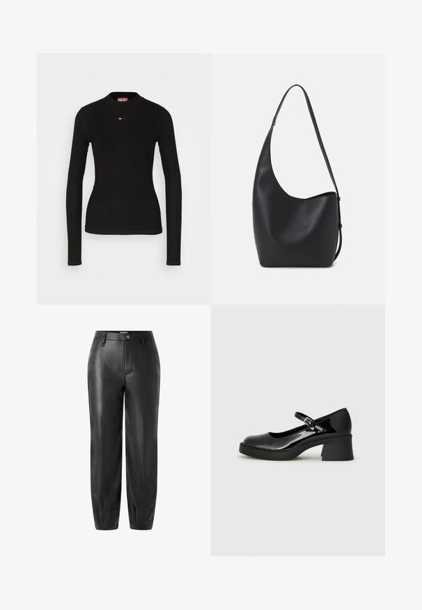 Zwart lang mouwen top gemaakt van ribbelstof, met een ronde hals en een klein rood Diesel-logo geborduurd op de borst.; Zwarte leren broek met een gladde textuur, voorzien van een traditionele vijf-pocket design en een rechte pasvorm die naar de enkels toe smaller wordt.; Zwarte gepatenteerde leren Mary Jane-schoen met een ronde neus, verstelbare band en een chunky vierkante hak. Heeft een gestructureerde zool.; Zwarte leren hobo tas met een gladde textuur, kromme vorm en een enkele verstelbare schouderband; heeft een brede opening aan de bovenkant.
