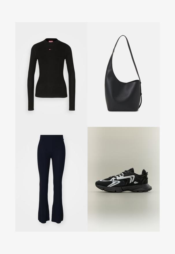T-shirt noir à manches longues en tissu à côtes, avec un col rond et un petit logo Diesel rouge brodé sur la poitrine.; Pantalons évasés côtelés navy avec une taille ajustée. Fabriqués à partir d'un matériau doux et texturé, avec un bas largement évasé pour un ajustement décontracté.; Chaussures de sport noires avec des panneaux en mesh, des accents argentés et des superpositions noires texturées. Elles sont dotées de lacets et d'une semelle extérieure courbée et robuste.; Sac hobo en cuir noir avec une texture lisse, une forme incurvée et une seule sangle réglable ; dispose d'une large ouverture en haut.