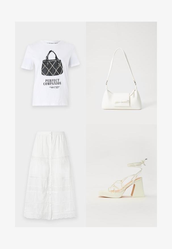 White t-shirt featuring a black graphic of a handbag with a quilted design, leather straps, and the text "PERFECT COMPANION" below.; White button-up skirt made of lightweight fabric, featuring lace trim and embroidered patterns at the hem and middle sections.; White high-heeled sandal with a chunky heel, featuring a strappy design and ankle tie. Smooth texture with a platform front for added height.; White synthetic handbag with a triangular shape, flat front flap and bow detail, adjustable strap, smooth texture, and minimalistic design.