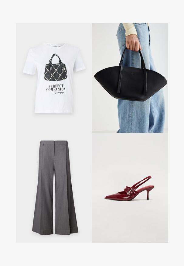 Valge t-särk, millel on must graafika käekotist, millel on tikandmusterdus, nahkrihmad ja tekst "IDEAALNE SELTSILANE" all.; Hallid hallid laiad püksid on valmistatud tekstuuriga kangast, millel on kõrge vöökoht ja eesmine korts. Hemmingud on puhtad ilma lisakatteideta.; Punased lakknahast slingback kontsad, millel on terav varvas, kaks luku rihma ja saledat, keskmise kõrgusega stiletto kontsad. Sile tekstuur.; Must mustra kott, millel on unikaalne fännikujuline disain, millel on lapikud käepidemed. Pinna tekstuur on kivikujuline ja disain on minimalistlik.