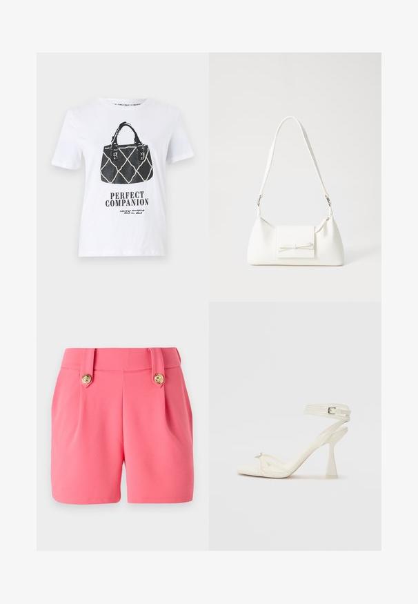 T-shirt blanc avec un graphique noir d'un sac à main au design matelassé, des poignées en cuir, et le texte "COMPAGNON PARFAIT" en dessous.; Shorts roses en matériau doux, avec deux plis à l'avant, des détails en bouton doré et une coupe ajustée.; Sandale à talons hauts à brides en cuir blanc avec un design épuré, un talon bloc transparent et un élément décoratif au niveau des orteils.; Sac à main synthétique blanc en forme triangulaire, avec un rabat avant plat et un détail en nœud, une bandoulière ajustable, une texture lisse et un design minimaliste.