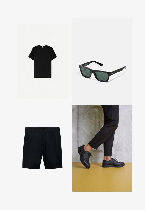 Čierne tričko s krátkym rukávom, s klasickým výstrihom, vyrobené z mäkkej bavlny, s hladkým povrchom a bez viditeľných vzorov alebo akcentov.; Čierne ľanové šortky s plochým predným dielom, bočnými vreckami a jedným gombíkom; hladká textúra a upravený dizajn.; Čierne kožené šnurovacie topánky s okrúhlou špičkou, textúrovaným povrchom a hrubou gumovou podrážkou. Nosené s vyrolovanými čiernymi nohavicami na pozadí z betónu.; Čierne obdĺžnikové slnečné okuliare so zelenými sklami, matným povrchom, rovnými ramenami a logom Ray-Ban na boku.