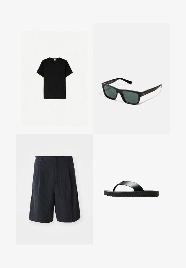 Čierne tričko s krátkym rukávom, s klasickým výstrihom, vyrobené z mäkkej bavlny, s hladkým povrchom a bez viditeľných vzorov alebo akcentov.; Weekday LOOSE SUIT - Šortky - black; Čierne žabky s plochou podrážkou vyrobené z hladkého materiálu. Majú minimalistický dizajn s jedným pásikom a textúrovanou spodnou časťou.; Čierne obdĺžnikové slnečné okuliare so zelenými sklami, matným povrchom, rovnými ramenami a logom Ray-Ban na boku.