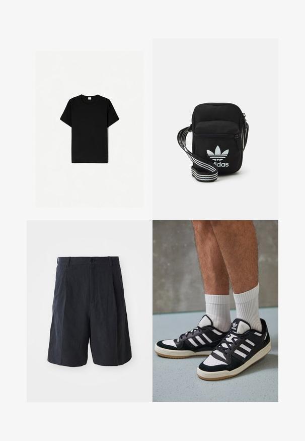 Schwarzes T-Shirt mit kurzen Ärmeln, klassischem Rundhalsausschnitt, aus weichem Baumwollmaterial, mit glatter Textur und ohne sichtbare Muster oder Akzente.; Weekday LOOSE SUIT - Shorts - black; Schwarz-weiße Sneaker mit einem Obermaterial aus Wildleder und Leder, ausgestattet mit drei weißen Streifen, einer perforierten Zehenpartie und einer Sohle aus Gummi.; Schwarze Umhängetasche aus Stoff mit Reißverschluss, ausgestattet mit einem weißen Adidas-Logo und einem gestreiften, verstellbaren Tragegurt für einfachen Transport.