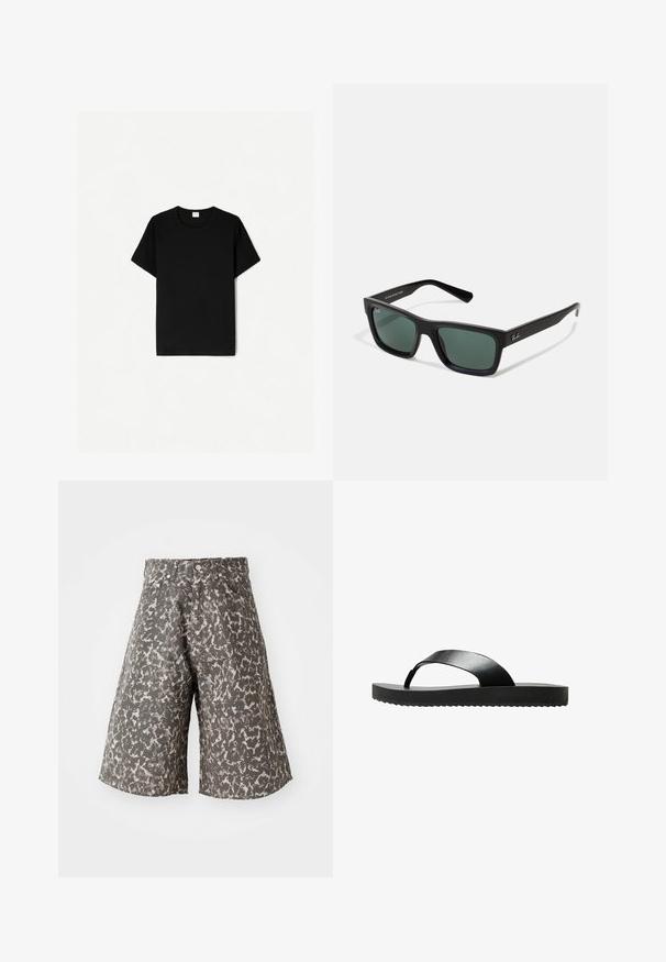Black short-sleeve t-shirt, crew neck design, made of soft cotton material, with a smooth texture and no visible patterns or accents.; Camo print shorts in shades of gray and beige. Made of textured fabric, featuring a classic five-pocket design and metal button closure.; Black flip-flop sandal with a flat sole, made from sleek material. Features a minimalist design with a single strap and textured underside.; Black rectangular sunglasses with green lenses, featuring a matte finish, straight temples, and the Ray-Ban logo on the side.