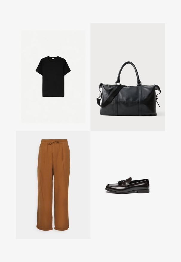 Sort kortærmet t-shirt med rund hals, lavet af blødt bomuldsstof, med en glat tekstur og uden synlige mønstre eller detaljer.; Brune linnedbukser med en løs pasform, elastisk talje, snøre og to frontfoldninger for ekstra tekstur. Omslåede opkanter ved kanten.; Brune læder loafers med en glat finish, der har en syet dekoration og dekorative kvaster foran. Flad sål og rund tå.; Sort læder duffel taske med to hanke, aftagelig skulderrem, lynlåslukning og struktureret overflade. Har et minimalistisk design.