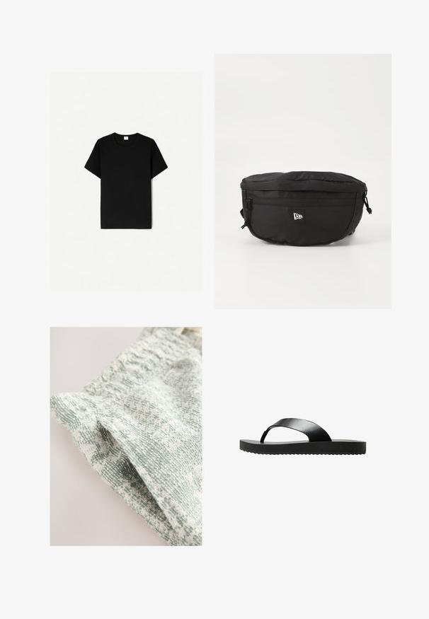 Črna kratkodlaka majica s kratkimi rokavi, krojena z okroglim izrezom, izdelana iz mehkega bombažnega materiala, z gladko teksturo in brez vidnih vzorcev ali dodatkov.; Tekstura tkanine s tkanim vzorcem v svetlo zeleni in beli barvi. Ima mehak, lahek občutek in subtilen vzorec.; Črne flip-flop sandale s ravnim podplatom, izdelane iz gladkega materiala. Imajo minimalističen dizajn z eno samo naramnico in teksturirano spodnjo stran.; Črna pasna torba iz najlona; ima sprednji žep z zadrgo, nastavljiv trak in oznako z logotipom. Ima zaobljeno obliko in gladko teksturo.