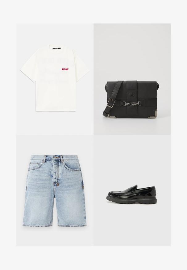 Balta medvilnės marškinėliai su apvaliu kaklu, trumpomis rankovėmis ir raudonu išsiuvinėtu "KSUBI" logotipu kairėje krūtinės pusėje. Minkšta tekstūra.; Šviesiai mėlynos džinsinės šortai tiesiu kirpimu, turintys penkias kišenes ir kontrastingas siūles. Apatinėje dalyje su neapdirbtu kraštu. Išankstinio plovimo tekstūra.; Juodas odinis loaferis su blizgiu paviršiumi, apvaliu pirštu, subtiliais siūlių detalėmis ir storu guminio pado, užtikrinančio ilgaamžiškumą.; Juodas odinis pečių krepšys su tekstūruotu paviršiumi, metalinės detalės, reguliuojama dirželė ir užsegimas su užlenkimu, kuriame yra sagties detalės.