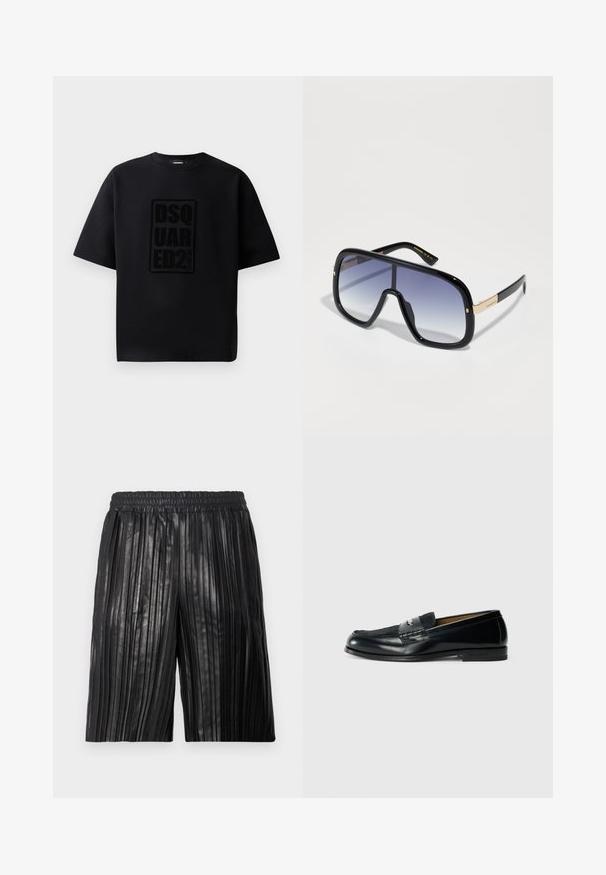 Dsquared2 LOOSE FIT CREW NECK - T-shirt con stampa - black; Pantaloni neri a piastrella con vita elasticizzata, realizzati in un materiale lucido, con scanalature verticali per texture e stile.; Mocassino in pelle nera con superficie testurizzata, dettaglio intrecciato e finitura liscia. Tacco basso e design minimalista.; Occhiali da sole oversize neri con lenti viola sfumate, finitura lucida e dettagli dorati sulle tempie. Forma della montatura rettangolare.