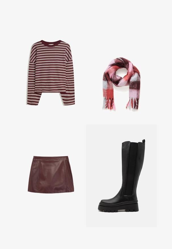 Maglietta bordeaux a maniche lunghe con strisce orizzontali bianche. Presenta un collo rotondo e spacchi laterali all'orlo per una vestibilità comoda.; Mini gonna in pelle bordeaux con una texture liscia, dotata di vita aderente e pannelli laterali per un design strutturato.; Stivale nero al ginocchio realizzato in pelle liscia, con pannelli laterali elastici, suola platform spessa e texture scanalata sulla base.; Sciarpa in plaid di lana con tonalità di rosso, rosa e grigio, con una texture morbida e estremità frangiate. Adatta per essere indossata a strati.; Borsa sintetica marrone con finitura lucida, dotata di due tasche frontali, dettagli cuciti e manici doppi per il trasporto.