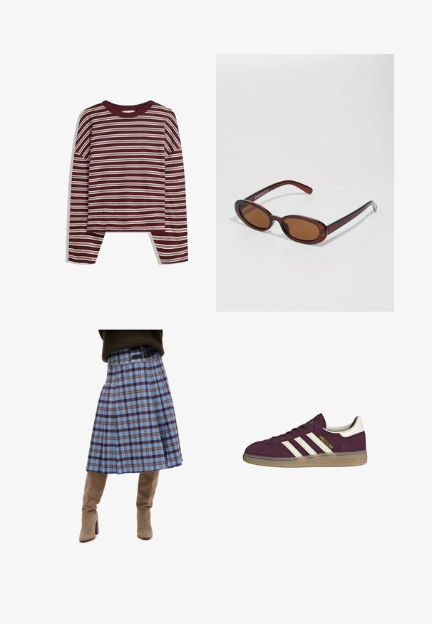 Haut bordeaux à manches longues avec des rayures blanches horizontales. Présente un col rond et des fentes latérales à l'ourlet pour un ajustement décontracté.; Jupe à carreaux gris-bleu au design plissé, avec des accents marron foncé et jaune, associée à des bottes en suède beige montantes.; Baskets en suède bordeaux avec trois bandes blanches et accents beige. Elles possèdent une semelle en caoutchouc texturé et un logo doré sur le côté.; Lunettes de soleil rondes teinte brun avec une monture bordeaux brillante. Branches fines avec un détail de marque subtil. Design de verres plats.; Sac à main en cuir tissé marron avec une forme triangulaire et souple. Il possède une poignée tressée et une fermeture éclair sur le dessus.