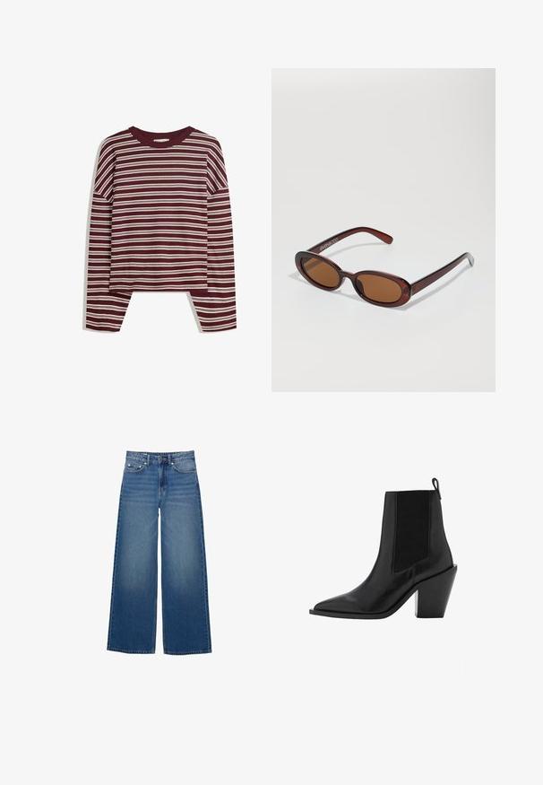 Burgundská dlouhá halenka s bílými vodorovnými pruhy. Obsahuje kulatý výstřih a boční rozparky na lemu pro uvolněný střih.; Široké modré džíny vyrobené z denimu, s vysokým pasem, šitými detaily a jednoduchým designem s mírným efektom vyblednutí.; Černá kožená kotníková bota s špičatou špičkou, elastickými bočními panely a masivním geometrickým podpatkem. Hladká textura a elegantní design.; Kulaté sluneční brýle hnědé barvy s lesklým burgundským rámem. Úzké nožičky s jemným logem. Rovné čočky.; Hnědá pletená kožená kabelka s uvolněným trojúhelníkovým tvarem. Disponuje spleteným uchem a zipovým uzavíráním na vrchu.