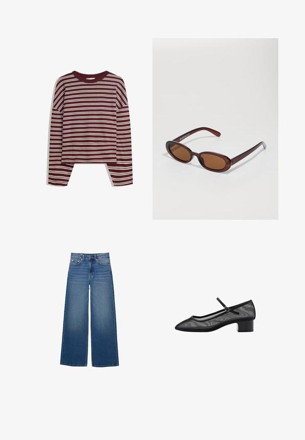 Bordo dukserica dugih rukava s bijelim horizontalnim prugama. Ima okrugli izrez i bočne proreze na rubu za opušteni kroj.; Široke plave traperice od denima, visokog struka, sa šivanim detaljima i jednostavnim dizajnom s blagim efektom izbljeđivanja.; Crne mrežaste pumpe s šiljatim vrhom, malim blok potpeticom i detaljem trake oko gležnja. Imaju glatku teksturu i minimalistički dizajn.; Okvir okruglih, smeđkastih sunčanih naočala s sjajnim burgundskim okvirom. Uski nositelji s suptilnim brendiranjem. Ravna leća.; Smeškan smeđi kožni torbica u obliku trokuta. Ima pletenu ručku i patentni zatvarač na vrhu.