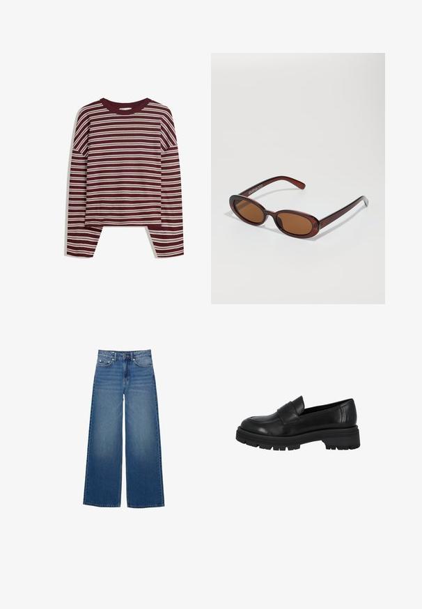Haut bordeaux à manches longues avec des rayures blanches horizontales. Présente un col rond et des fentes latérales à l'ourlet pour un ajustement décontracté.; Jean bleu à jambes larges en denim, avec une taille haute, des coutures accentuées et un design simple avec un léger effet délavé.; Mocassins en cuir noir avec un bout arrondi, détail de sangle avant accentué et semelle en caoutchouc épaisse et robuste. Texture lisse et design minimaliste.; Lunettes de soleil rondes teinte brun avec une monture bordeaux brillante. Branches fines avec un détail de marque subtil. Design de verres plats.; Sac à main en cuir tissé marron avec une forme triangulaire et souple. Il possède une poignée tressée et une fermeture éclair sur le dessus.