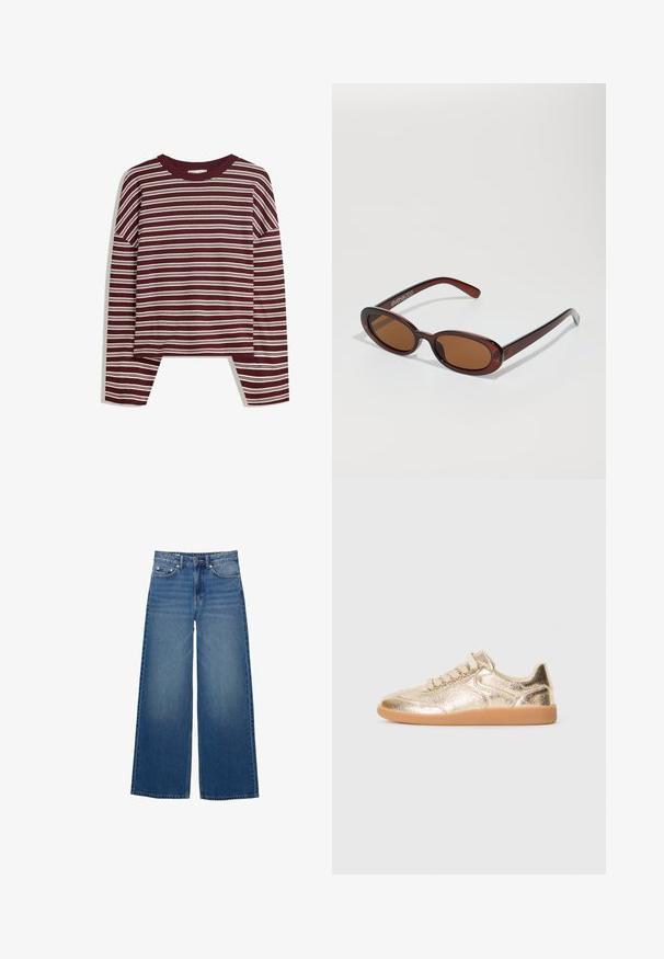 Bordeaux lange mouw top met witte horizontale strepen. Is voorzien van een ronde halslijn en zijsplitsen aan de zoom voor een comfortabele pasvorm.; Wijde blauwe denim jeans met een hoge taille, gestikte accenten en een eenvoudig ontwerp met een lichte vervagingseffect.; Lage sneaker met een metallic gouden textuur, beige veters en een gumrubberen zool, weergegeven vanaf de buitenkant op een witte achtergrond.; Ronde, bruin getinte zonnebril met een glanzend bordeauxrood frame. Slanke pootjes met subtiele merkdetails. Vlakke lensontwerp.; Bruine geweven leren handtas met een slonzig, driehoekig model. Voorzien van een gevlochten handvat en een ritssluiting aan de bovenkant.