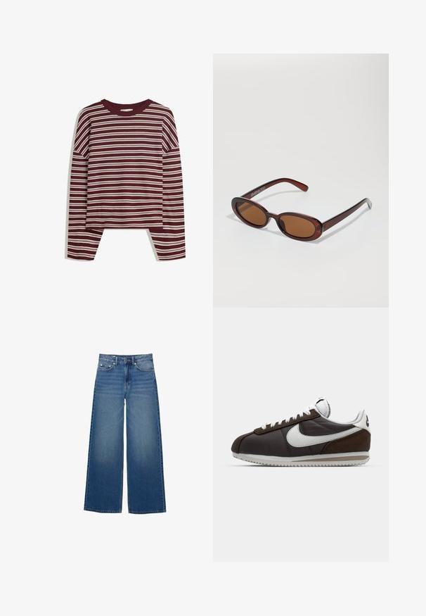 Burgundy långärmad topp med vita horisontella ränder. Har en rund halsringning och sidsprickor vid fållen för en avslappnad passform.; Vida jeans i denim med vida ben, hög midja, sydda detaljer och en enkel design med en lätt blekningseffekt.; Bruna och grå Nike-sneakers med vita accenter; läder- och mockamaterial; strukturerade sulor; grå snören; klassisk retrodesign.; Runda, bruntonade solglasögon med en glansig bordeauxfärgad ram. Smala bågar med subtilt varumärkesdetalj. Platt linsdesign.; Brun vävd läderhandväska med en slapp, triangulär form. Har ett flätat handtag och en dragkedjestängning längs toppen.