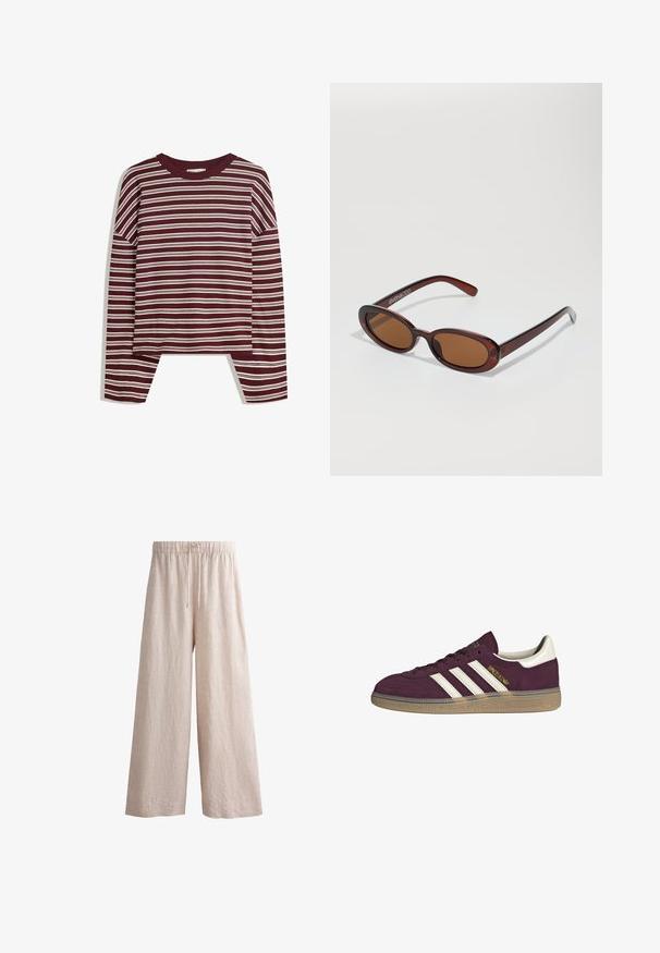 Bordeaux lange mouw top met witte horizontale strepen. Is voorzien van een ronde halslijn en zijsplitsen aan de zoom voor een comfortabele pasvorm.; Beige linnen wijde broek met een elastische tailleband en trekkoord. Heeft een getextureerde afwerking en een full-length ontwerp.; Bordeauxsuède sneaker met witte drie strepen en beige accenten. Voorzien van een gestructureerde rubberen zool en gouden branding aan de zijkant.; Ronde, bruin getinte zonnebril met een glanzend bordeauxrood frame. Slanke pootjes met subtiele merkdetails. Vlakke lensontwerp.; Bruine geweven leren handtas met een slonzig, driehoekig model. Voorzien van een gevlochten handvat en een ritssluiting aan de bovenkant.