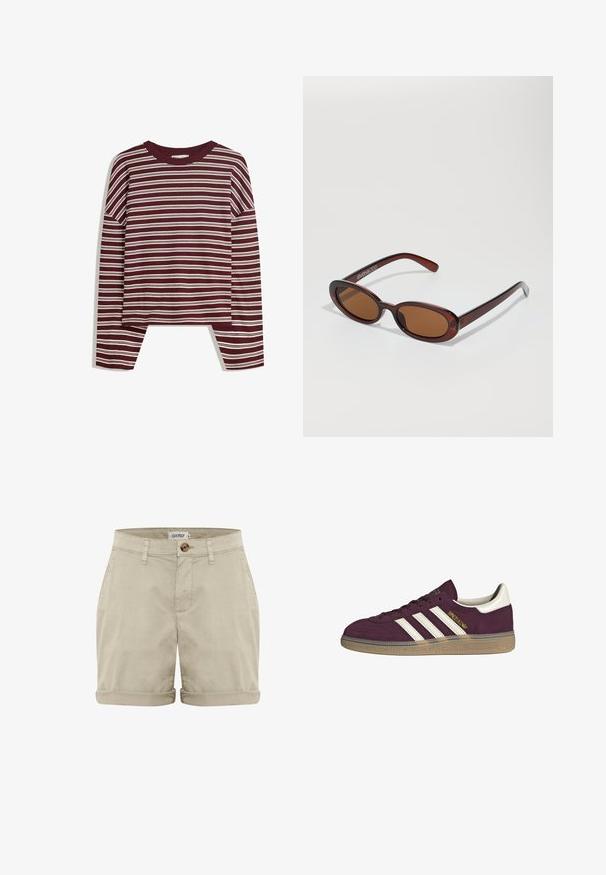 Bordeaux lange mouw top met witte horizontale strepen. Is voorzien van een ronde halslijn en zijsplitsen aan de zoom voor een comfortabele pasvorm.; Beige katoenen shorts met een opgerolde zoom, voorzien van een knoopsluiting aan de voorkant en gestikte zakken. Zachte textuur met minimale details.; Bordeauxsuède sneaker met witte drie strepen en beige accenten. Voorzien van een gestructureerde rubberen zool en gouden branding aan de zijkant.; Ronde, bruin getinte zonnebril met een glanzend bordeauxrood frame. Slanke pootjes met subtiele merkdetails. Vlakke lensontwerp.; Bruine geweven leren handtas met een slonzig, driehoekig model. Voorzien van een gevlochten handvat en een ritssluiting aan de bovenkant.