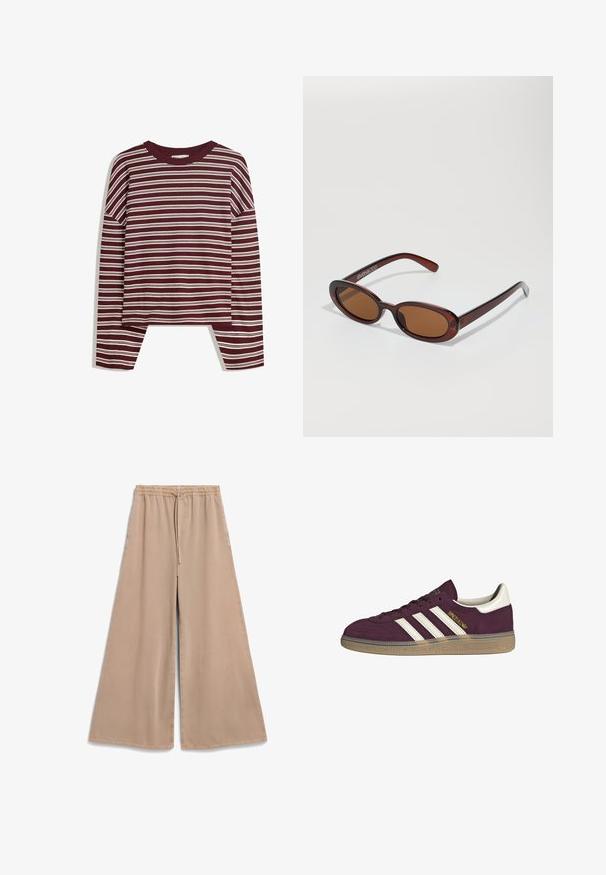 Maglietta bordeaux a maniche lunghe con strisce orizzontali bianche. Presenta un collo rotondo e spacchi laterali all'orlo per una vestibilità comoda.; Pantaloni beige a gamba larga con vita elastica e coulisse. Tessuto morbido, texture liscia e vestibilità comoda con tasche laterali.; Sneaker in camoscio bordeaux con tre strisce bianche e accenti beige. Presenta una suola in gomma testurizzata e un marchio dorato sul lato.; Occhiali da sole rotondi con tonalità marrone, montatura lucida color bordeaux. Aste sottili con un sottile dettaglio del marchio. Design delle lenti piatte.; Borsa a tracolla in pelle intrecciata marrone con una forma triangolare morbida. Presenta una maniglia intrecciata e una chiusura con zip lungo la parte superiore.