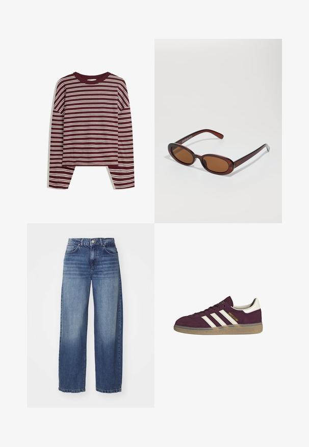 Burgundska majica z dolgimi rokavi z belimi vodoravnimi črtami. Ima okroglo izrezovanje in stranske razpoke na robu za sproščen kroj.; Široke kavbojke iz medium modrega pranja. Imajo pet žepov, kontrastno šivanje in gumbasto zapiranje. Mehka tekstura z raztrganim robom.; Bordo nubuk teniske z belimi tremi črtami in bež poudarki. Ima teksturiran gumijast podplat in zlato oznako na strani.; Okrogle, rjavo obarvane sončne naočare z sijočim burgundskim okvirjem. Tanek nosilec s subtilnim logotipom. Oblika leč je ravna.; Rjava tkana usnjena torbica s sproščenim, trikotnim oblikovanjem. Ima pleten ročaj in zadrgo na vrhu.